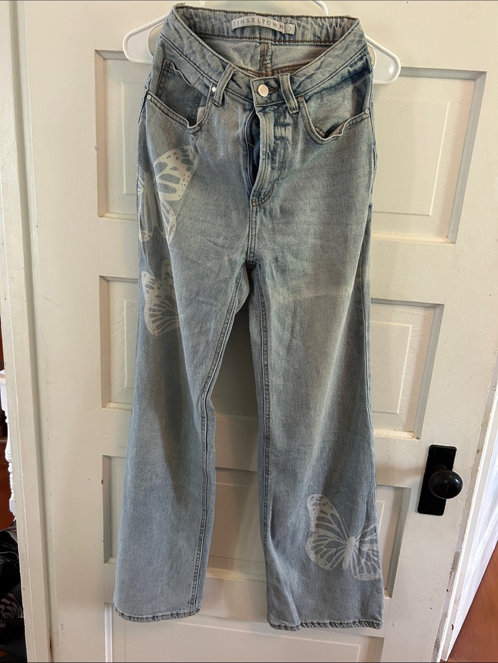 Tinseltown Light Blue Denim Wide Leg Jeans with White Butterfly Prints